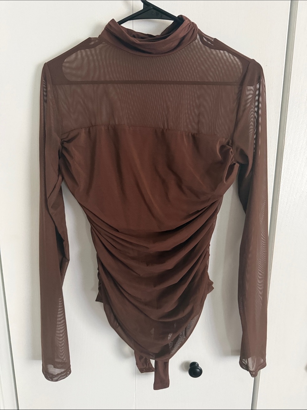 Mock Neck Ruched Sheer Long-Sleeve Bodysuit - BrownSz XL